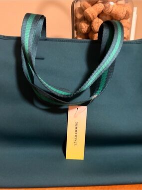 Summersvil Teal Neoprene Beach Bag with Striped Handles and Interior Mesh Pocket